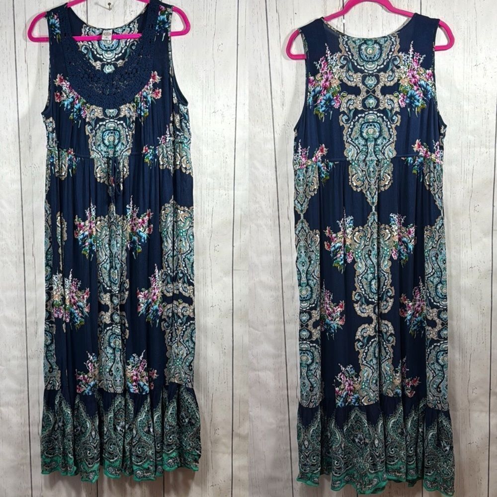 Bila Boho Paisley Crochet Trim Sleeveless Navy Blue Maxi Dress XL Resortwear